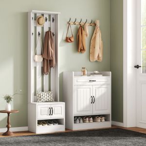 Ensemble vestiaire d'entrée - 1 porte-manteau et 1 meuble à chaussures - Avec 8 crochets - Blanc