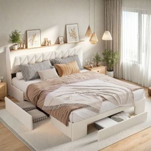 Lit Double 160x200 avec 3 Tiroirs Lit Adulte T&ecirc;te de lit rembourr&eacute;e avec rangement et &eacute;clairage LED Lit Capitonn&eacute; en velours Beige