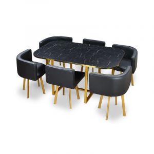 Menzzo Table et chaises Oslo XL Or Effet Marbre Noir et Simili Noir