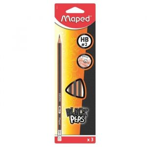 Maped Crayon à papier HB Graphite Black'Pep's embout gomme - Blister de 3 Crayons Graphite
