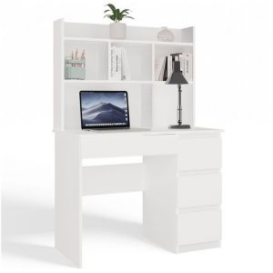 MIJAS DROIT - Bureau 98&times;51&times;146 cm 4 tiroirs et 4 rayons avec &eacute;tag&egrave;re sup&eacute;rieure pour bureau / chambre - Blanc