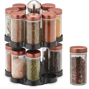 Relaxdays Tourniquet à épices, 16 pots, embouts tamiseur, rotatif à 360°, acier inox, verre, HD 26x17 cm, multicolore