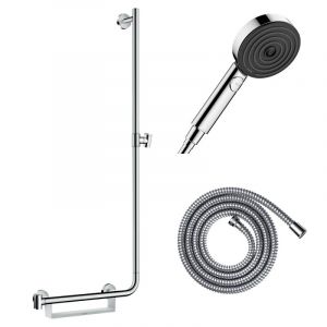 Hansgrohe Barre de douche PMR Unica 110 avec poign&eacute;e &agrave; gauche Chrom&eacute; + Pommeau de douche Pulsify 3 jets + flexible Metaflex 160cm