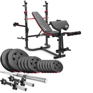 Hop-Sport Banc de Musculation Pliable HS-1065 avec Pupitre de Curl, Papillon, Presse à jambes et Set d'haltères de 38 kg en plastique, disques de 31 mm et barres