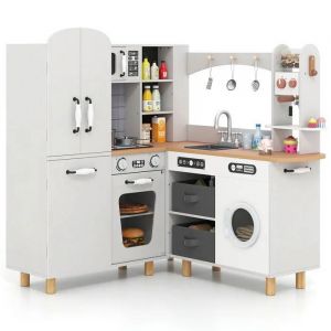 Cuisine Enfants 3Ans+ XXL COSTWAY Interactive -12 Accessoires,Machine à Café, Lave-linge, Bacs en Tissu Gris Clair