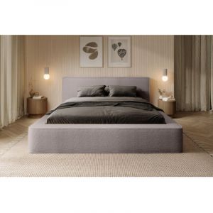 Meublorama - Lit coffre velora &ndash; Taupe ros&eacute; boucl&eacute; &ndash; 160x200 cm &ndash; Tissu velours doux &ndash; Sommier relevable &ndash; Rangement int&eacute;gr&eacute;
