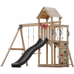 Axi Moos Aire de Jeux en Bois avec 2 Balançoires, Echelle en Corde, toboggan Gris / Aire de Jeux Extérieur avec balançoires/ bac à sable/mur d'escalade