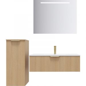 Meuble de salle de bain suspendu vasque int&eacute;gr&eacute;e 90cm 1 tiroir Ch&ecirc;ne cannel&eacute; + miroir + colonne ouverture gauche - Venice