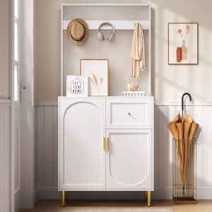 Image de Ensemble vestiaire d'entrée 80x35x175.5 cm - 2 portes et 1 tiroir - Avec 3 crochets - Étagères réglables - MDF - Blanc