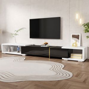 Meuble TV extensible 140-260 cm en MDF et panneaux &ndash; aspect marbre blanc finition noire et d&eacute;tails dor&eacute;s avec rangements
