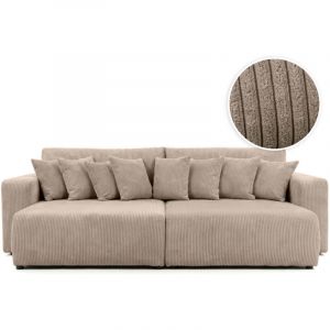 Loungitude Canap&eacute; droit 4 places JADE double m&eacute;ridienne et assise profonde en velours c&ocirc;tel&eacute; - Taupe