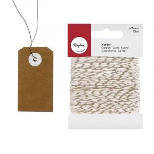 Etiquettes kraft 5,5 cm avec fil métal et ficelle dorée & blanc 15 m