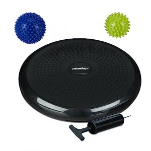 Relaxdays Coussin d'équilibre à Picots, avec 2 balles de Massage, Sport, Ø 32 cm, 140 kg, avec Pompe, Noir