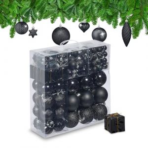 Relaxdays Boules de Noël, Lot de 110, en Plastique, D : 6 cm, décoration de Sapin, avec Guirlande, Noires