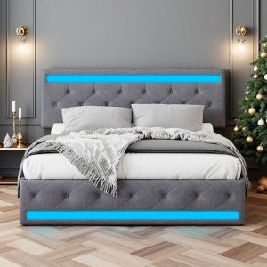 Lit 140x200 cm - tissu en lin - LED ET USB - 4 Tiroirs - cadre de lit ado 140x200 cm - Gris