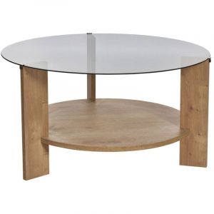 DRAWER Table basse ronde en verre fumé et bois ø75cm - Bois clair - Ria