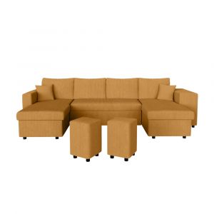 Loungitude Canap&eacute; panoramique avec 2 poufs droit en velours c&ocirc;tel&eacute; - Jaune