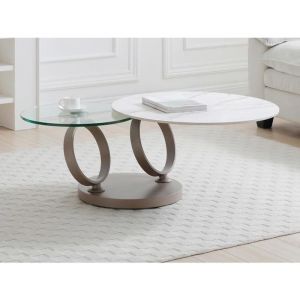 Table basse avec plateaux pivotants en céramique verre trempé et métal taupe - Effet marbre blanc - JOLINE de Maison Céphy