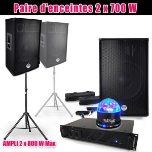 Bm sonic Pack SONO 2 enceintes 2x700W BMS-15, Amplificateur Ibiza AMP-1000 MKII, Supports pieds et c&acirc;bles, Jeu de lumi&egrave;re