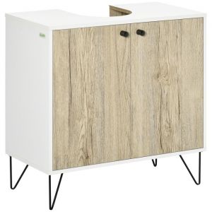 Meuble sous lavabo salle de bain - kleankin - 2 portes - pieds en acier - panneau de particules - 60x30x60cm - blanc et bois naturel