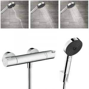 Hansgrohe Ecostat Mitigeur thermostatique douche + Douchette &agrave; main XXL 105mm 3 jets, Flexible de douche 125cm, support mural