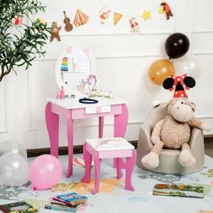 Costway Coiffeuse Pour Enfant Table De Maquillage Avec Tabouret, Miroir Détachable Et 1 Tiroir De Rangement Style Princesse Rose