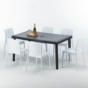 Grand Soleil Table rectangulaire et 6 chaises Poly rotin colorées 150x90 noir | Rome Blanc