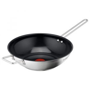 Tefal Nordica H8711955 Poêle wok en acier inoxydable avec revêtement anti-adhésif et indicateur de température intégré pour tous les types de plaques de cuisson (gaz, électrique, céramique, induction)