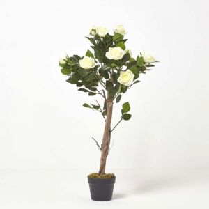 HOMESCAPES Rosier artificiel blanc fleuri en pot 90 cm