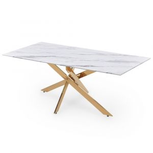 Table à manger en verre, métal blanc, doré 6 personnes