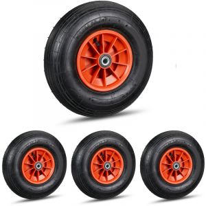 Relaxdays Roue de brouette, lot de 4, caoutchouc, roue de rechange axe, caoutchouc essieu 4.00-6, 3 adaptateurs, noir-rouge