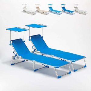 Image de Beach and Garden Design 2 transats chaises pour la mer pliants avec paresol CALIFORNIA | Bleu