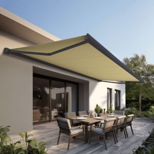 Store banne Coffre int&eacute;gral protect 2 Gris Anthracite 6x3,5m Motoris&eacute; &agrave; t&eacute;l&eacute;commande - Toile Ecrue