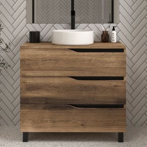 Meuble de salle de bain 90cm avec plateau et vasque &agrave; poser - 3 tiroirs - sans miroir - tabaco (ch&ecirc;ne fonc&eacute;) - mata