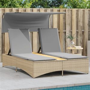 VidaXL Chaise longue double et auvent et coussins m&eacute;lange beige rotin, lit de bronzage, chaise longue inclinable, lit de jour d'ext&eacute;rieur