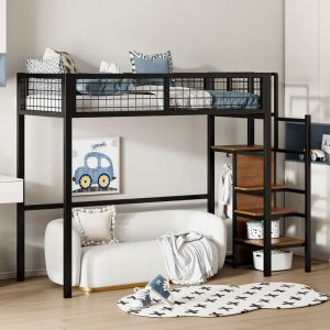 Lit mezzanine enfant 90x200 cm avec structure en fer - avec échelle de rangement et une penderie - Noir
