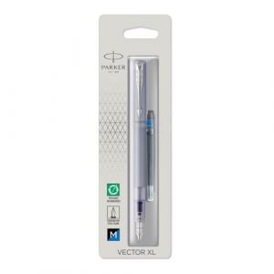 Parker VECTOR XL stylo plume, laque bleu argent métallisée sur laiton, plume moyenne, cartouche d'encre bleue, blister