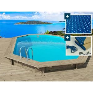 Habitat et Jardin Piscine bois Rio 130 - 5.60 x 3.70 x 1.39 m + bâche à bulles 180 µ + bâche hiver 280 gr/m²