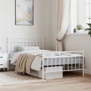 VidaXL Cadre de Lit Métal avec Tête de Lit Pied de Lit, Lit Simple avec Sommier à Lattes, Lit Adulte avec Pied Chambre, Moderne, Blanc 107x203 cm