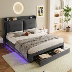 Lit coffre rembourr&eacute; en velours - 140x200 cm - 2 tiroirs en bout de lit - bande lumineuse led encastr&eacute;e au pieds du lit - Gris (sans matelas)