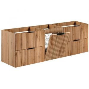 Furnidea - Meuble suspendu sous vasque avec panier &agrave; linge ADEL CH&Ecirc;NE 160 cm - 4 tiroirs - Fa&ccedil;ades rainur&eacute;es