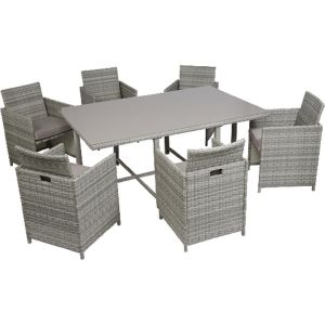 Image de Ensemble Jardin 1 Table, 6 Fauteuils Résine Tressé Taupe Plateau Verre Trempé Ouvéa Hyba