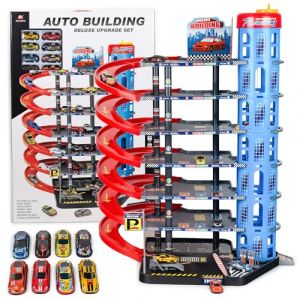 CELMAN Garage de Jeu Multiniveau pour Enfants - Parking de Jouets avec Ascenseur Manuel, Inclut 8 Voitures en Métal, Hélicoptère et Accessoires, Jouet pour Enfants de 3 4 5 6 7 8 Ans