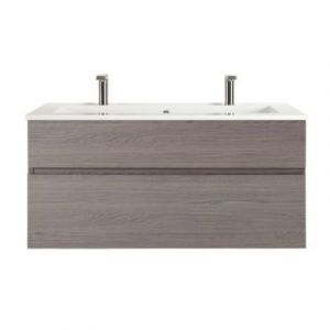 Image de Cooke & Lewis Meuble sous vasque &agrave; suspendre Calao aspect ch&ecirc;ne fum&eacute; 120 cm + plan vasque en c&eacute;ramique blanche