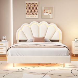 Lit enfant 140x200 cm, lit double, lit capitonné beige avec led et tête de lit, en tissu velours