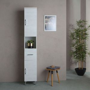 Kiamami Valentina Colonnes de salle de bains au sol 190cm chêne blanc 2 portes, tiroir et compartiment ouvert Rimini