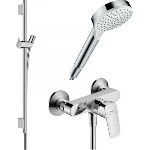 Hansgrohe Pack mitigeur douche mécanique Logis + Barre Unica S Puro + flexible + Pommeau Crometta blanc/chromé