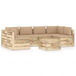VidaXL Salon de jardin, 7 pcs avec coussins Bois imprégné de vert.