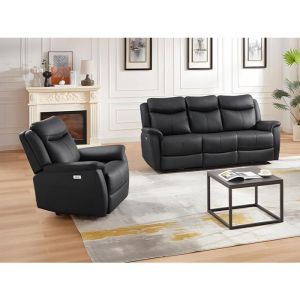 Canapé 3 places et un fauteuil relax électrique en cuir de vachette noir NOMAJO
