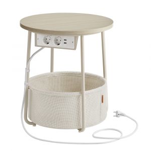Petite table basse ronde avec panier et multiprise rangement beige
